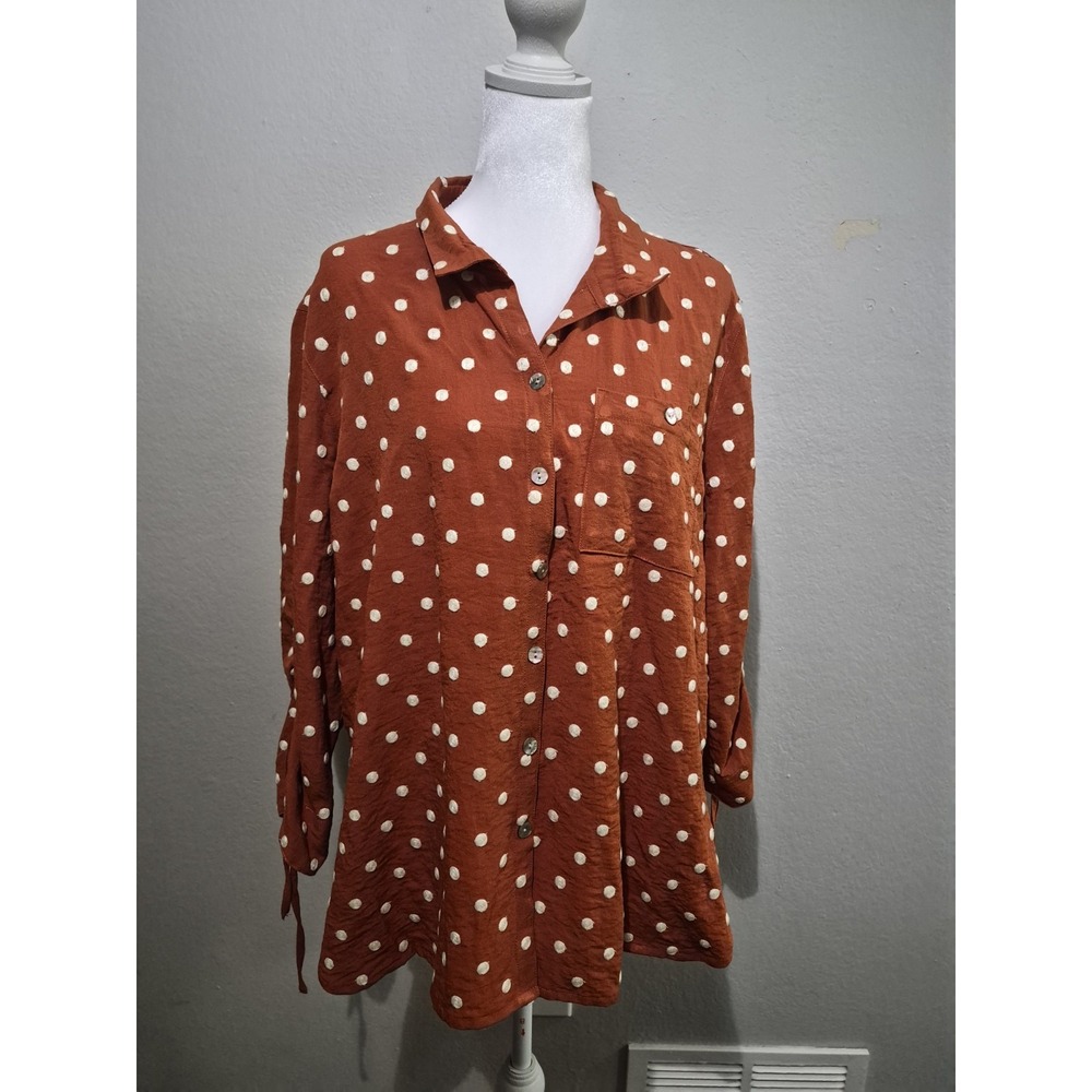 John Mark Shirt Womens PXL Orange Polka Dot Button Front Textured Ruched Sleeves